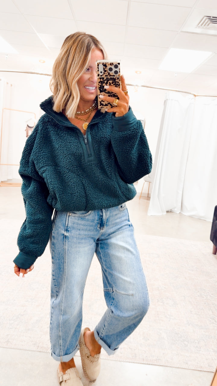 Sherpa Mock Neck Quarter Zip Jacket-Dk Green