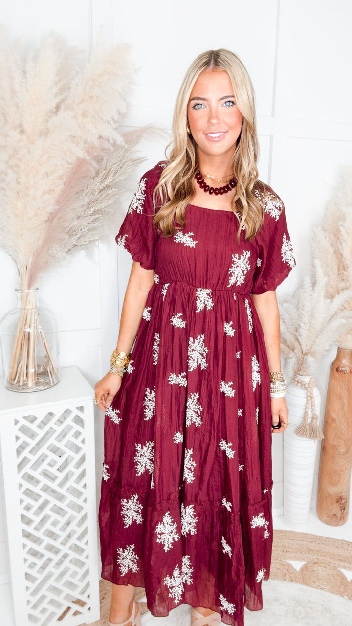 The Cascade Charm Midi Dress-Wine