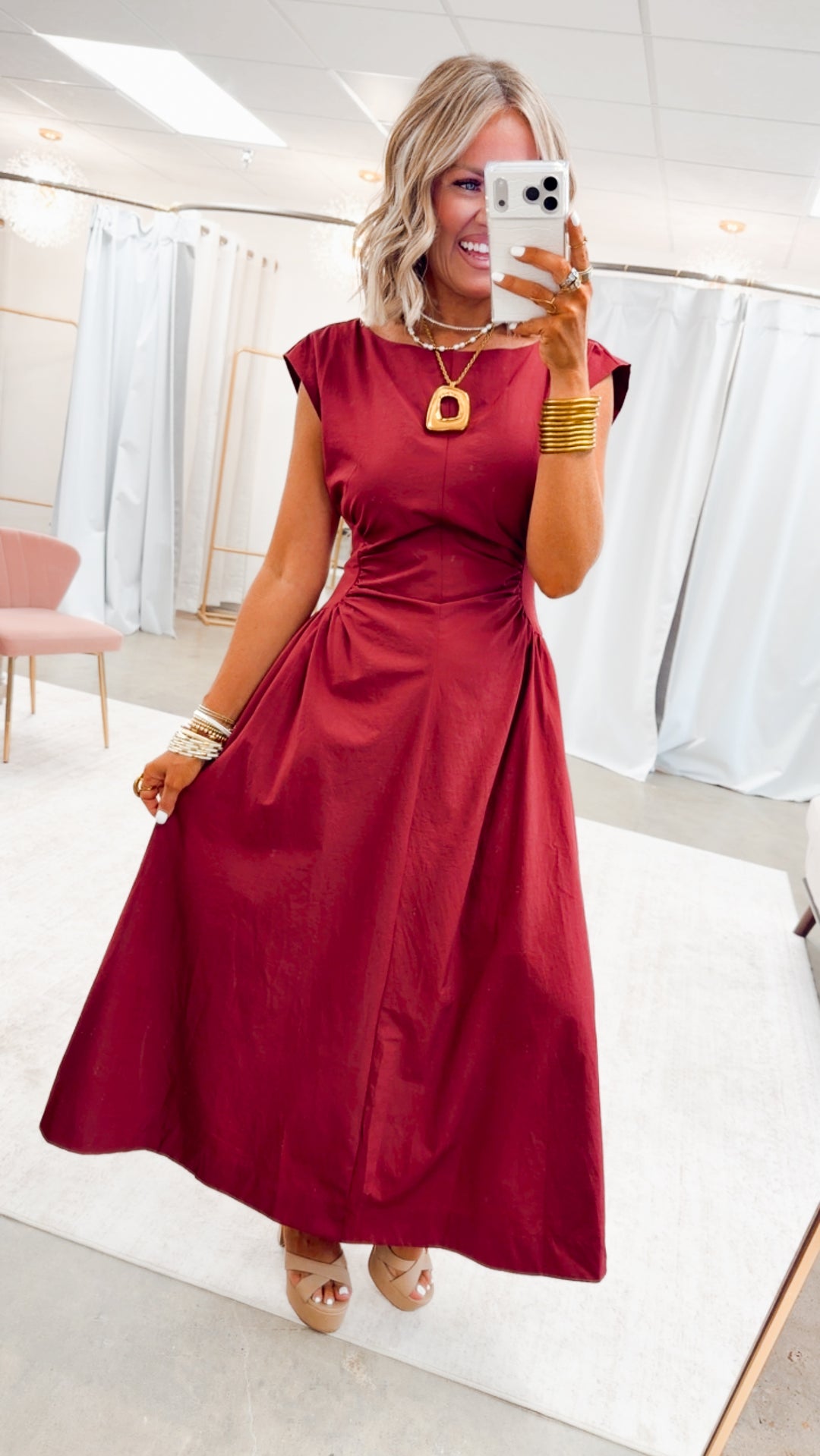 Marigold Ruched Midi Dress-Wine
