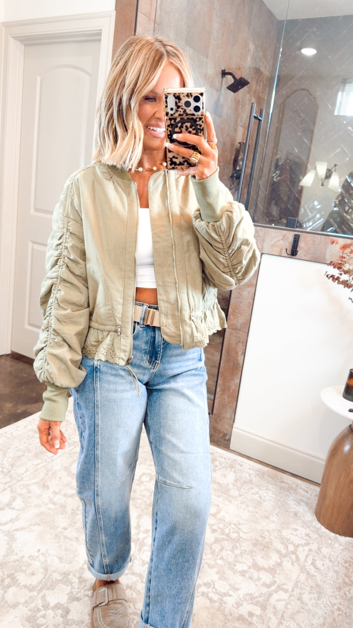 Ruched Sleeve Bomber Jacket-Light Olive