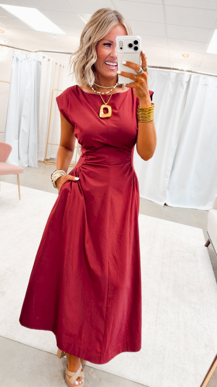 Marigold Ruched Midi Dress-Wine