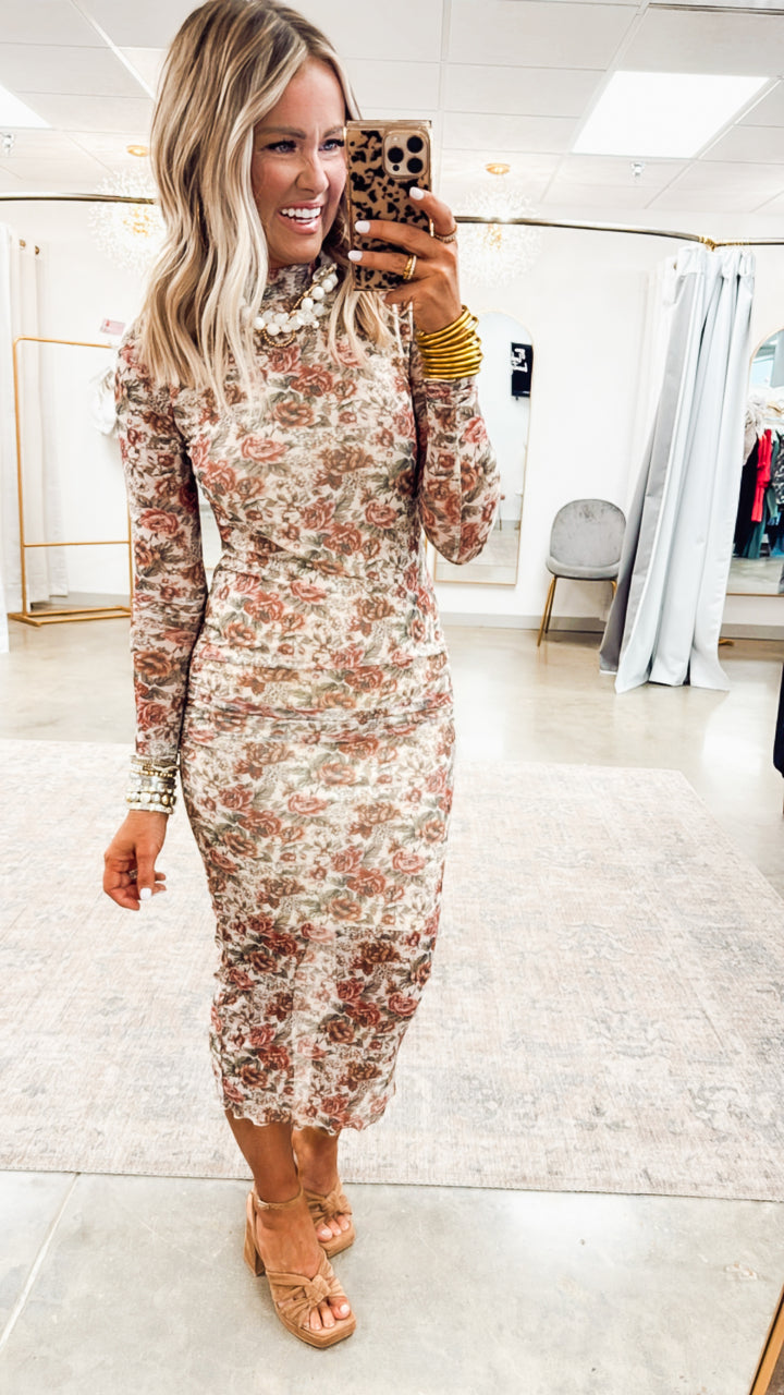 Autumn Floral Mesh Midi Dress
