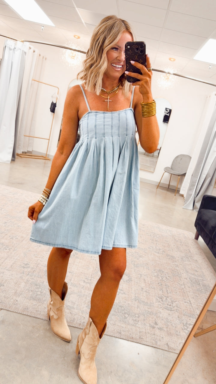 Teagan Pleated Mini Dress-Light Denim