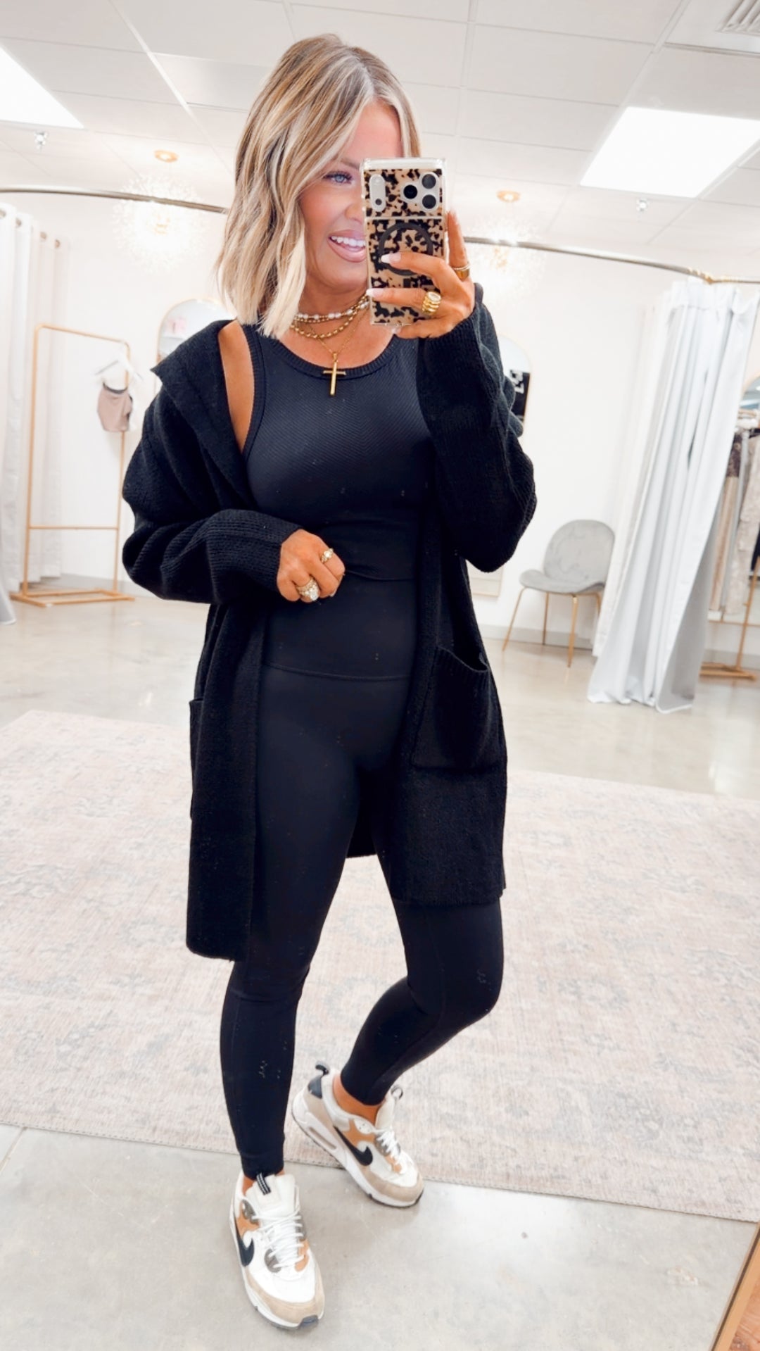 Hooded Open Front Sweater Cardigan-Black