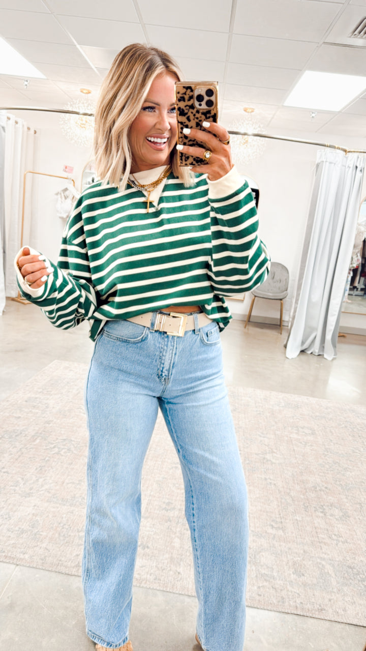 Simple Comfort Striped Top-Green/Cream