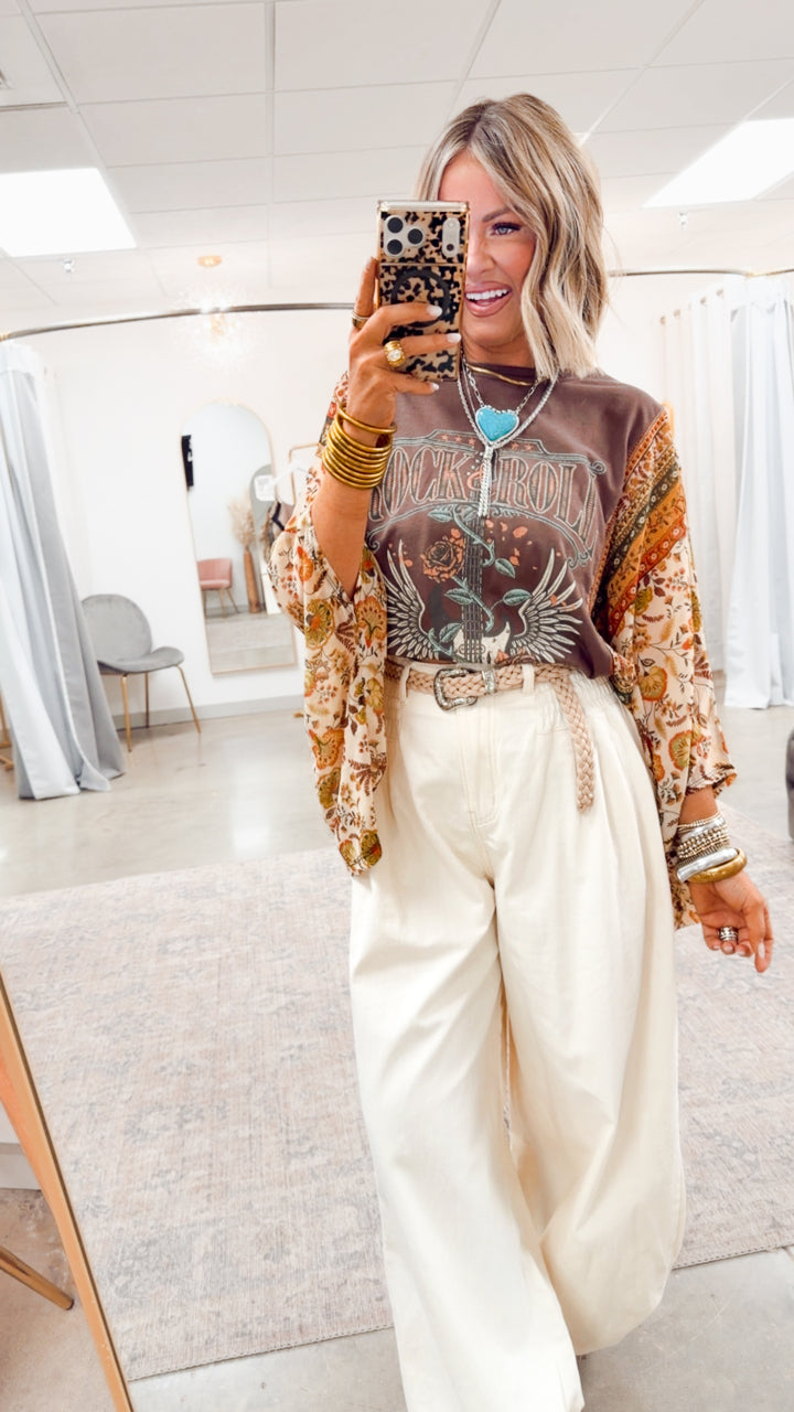 Rock N Roll Graphic Kantha Top-Brown