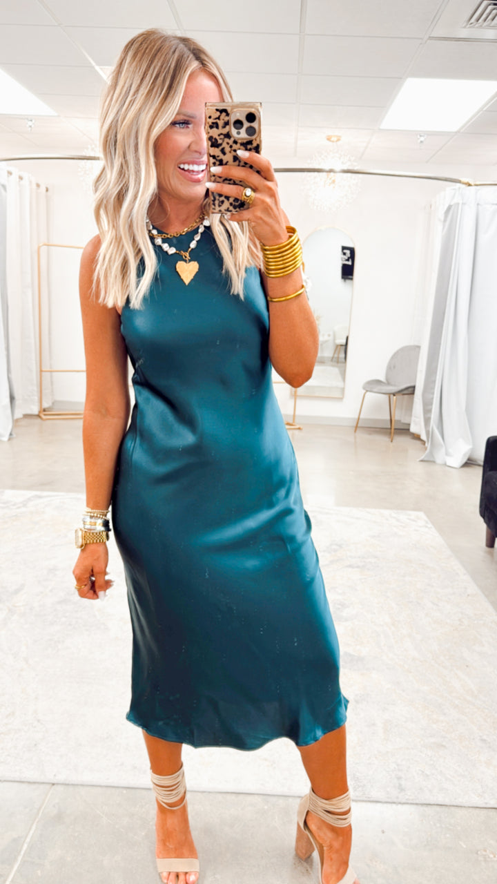 Satin Charm Midi Dress-Dark Green