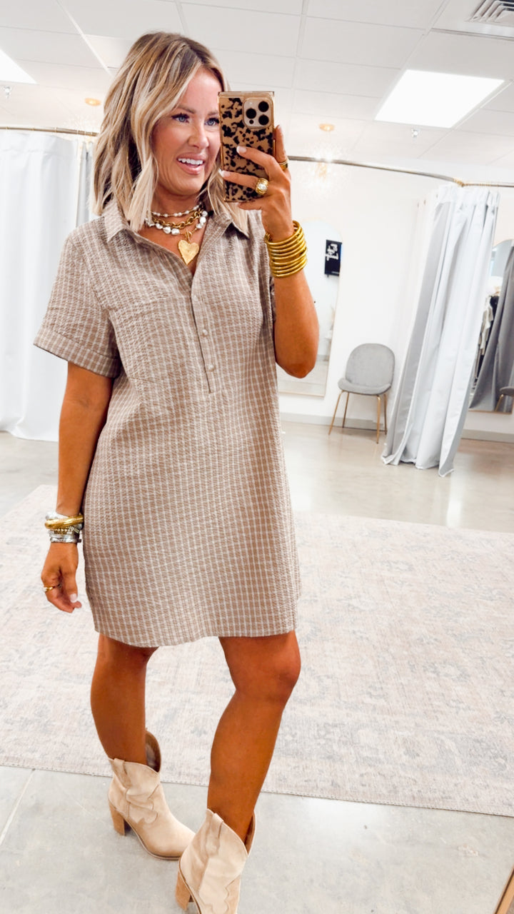 Checkered Shirt Dress-Mocha
