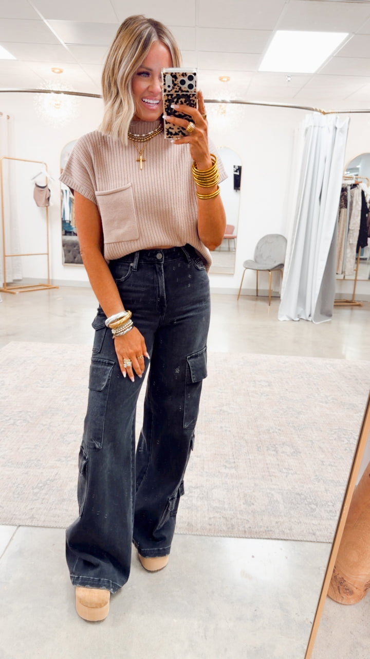 Dani Ribbed Short Sleeve Sweater-Taupe