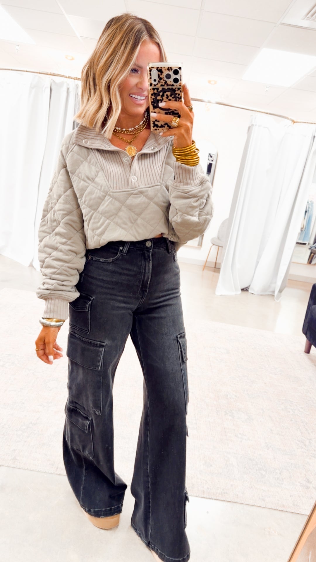 Quilted Snap Pullover-Stone Taupe