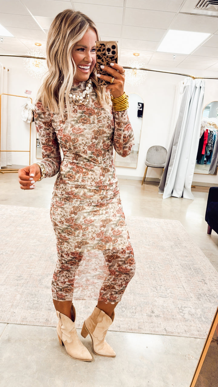 Autumn Floral Mesh Midi Dress