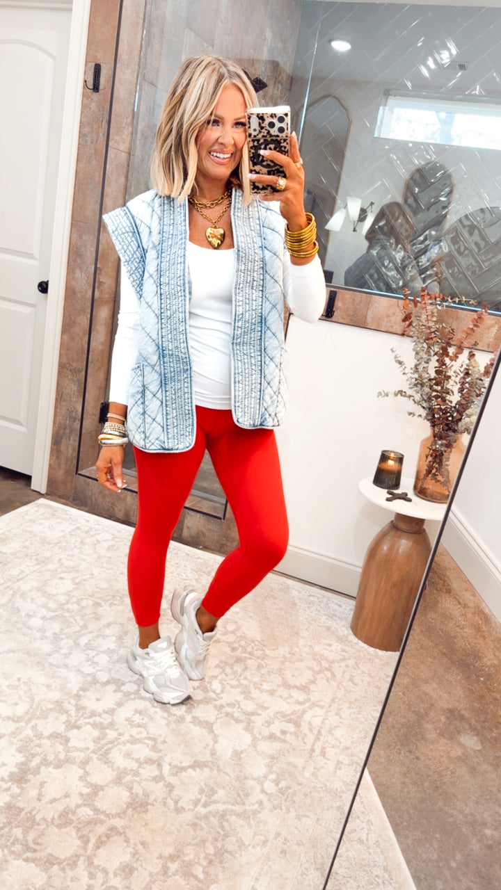 Washed Denim Quilted Shawl Vest