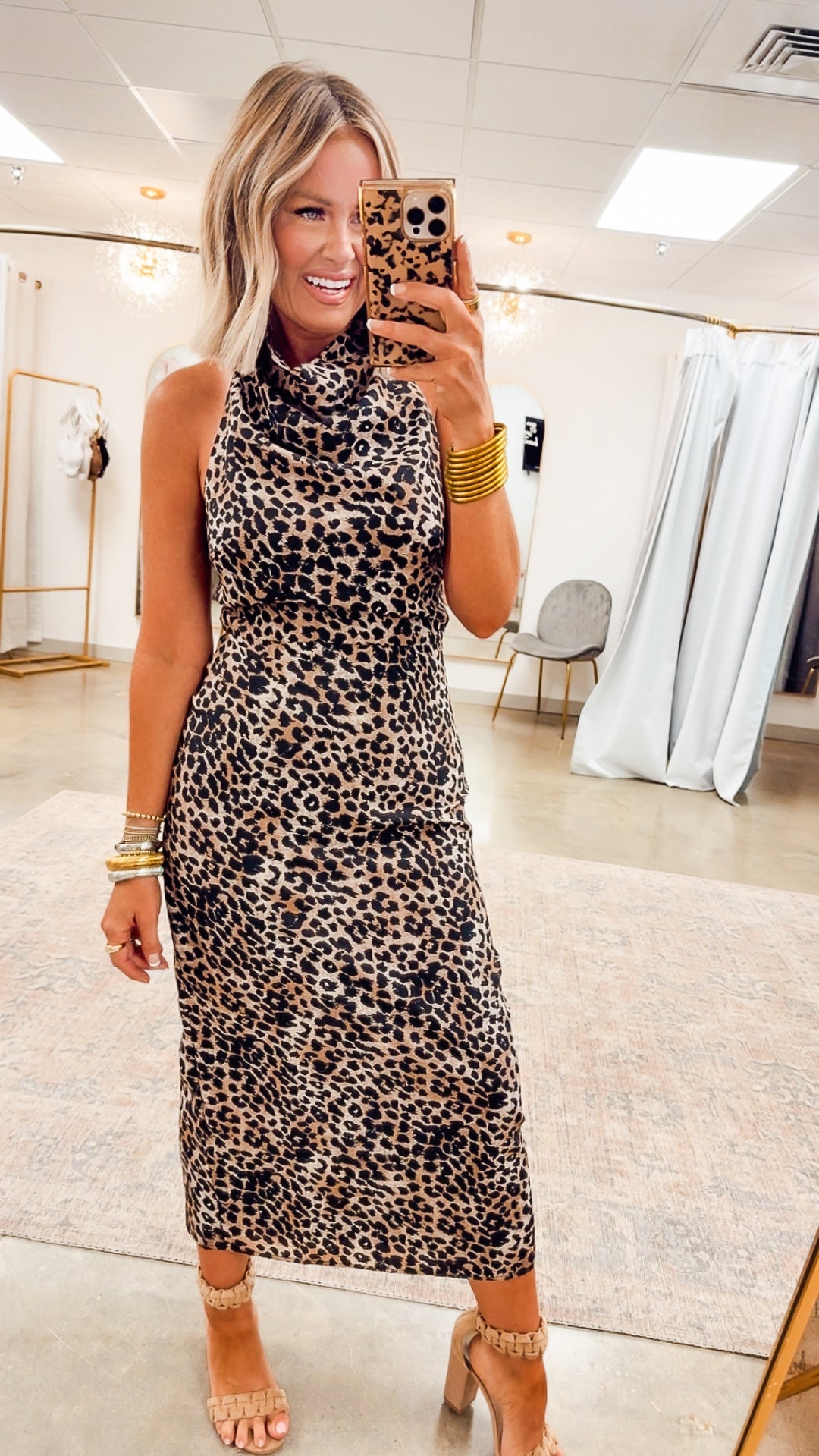 Leopard Halter Cowl Neck Midi Dress