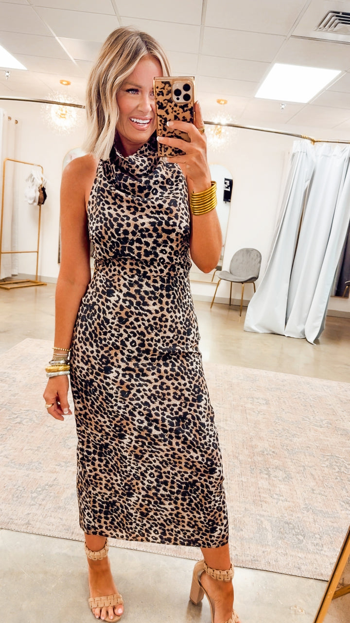 Leopard Halter Cowl Neck Midi Dress