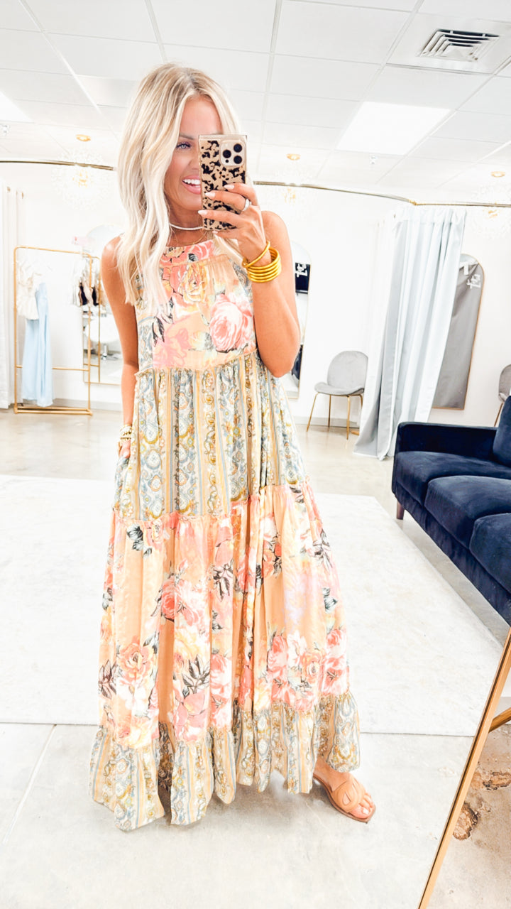 Floral Boho Midi Dress-Pink Beige
