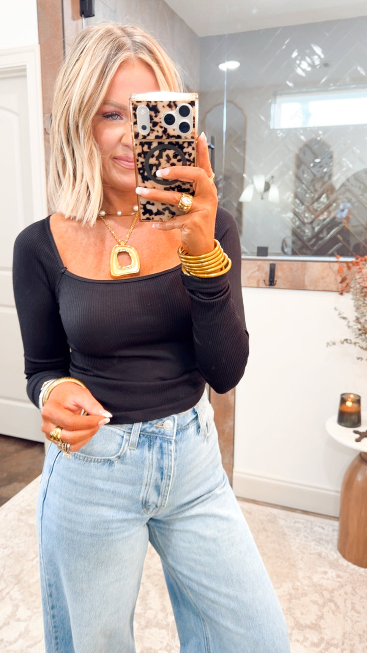 Black Ribbed Long Sleeve Square Neck Top