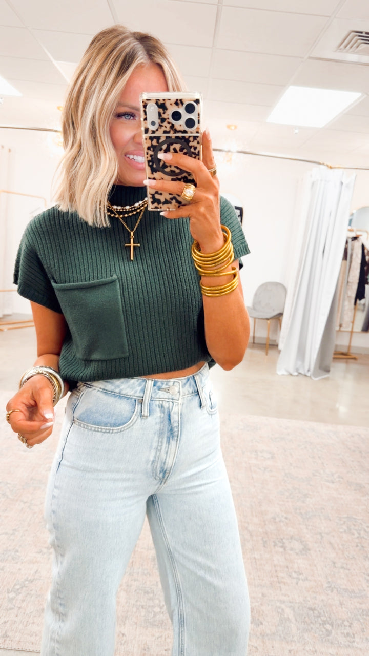 Dani Ribbed Short Sleeve Sweater-Green