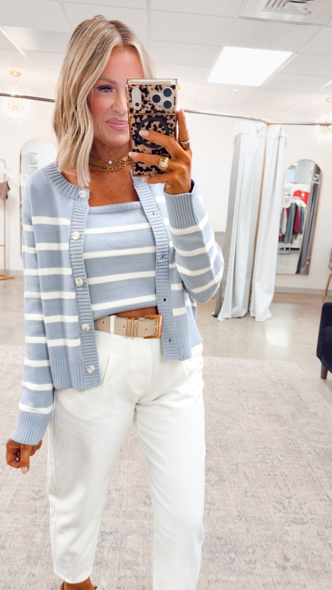 Hazelwood Cami & Cardigan Set-Blue/Cream