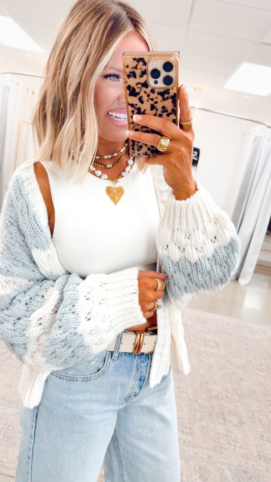 Textured Striped Sweater Cardigan- Off White/Blue