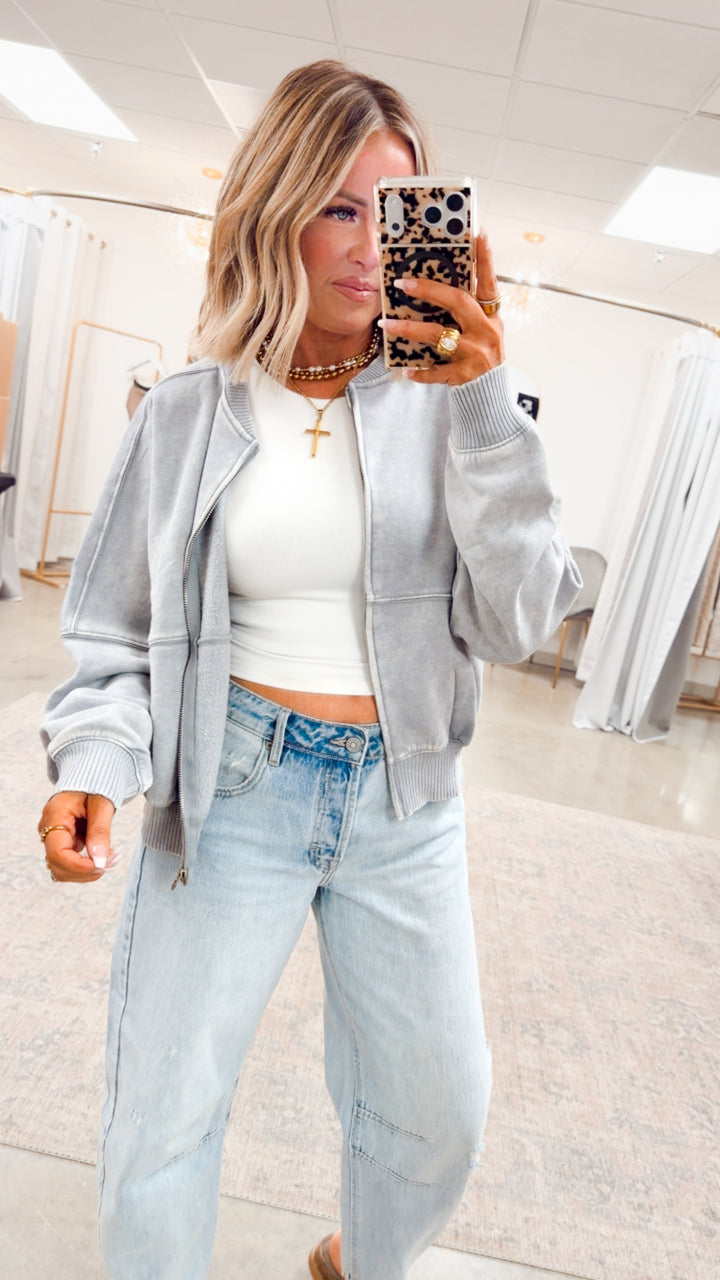 The Hayes Washed Fleece Zip-Up- Grey