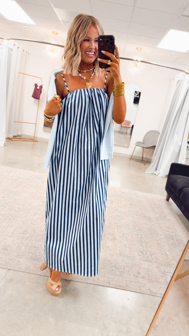 The Brine Stripe Midi Dress-Blue/Navy