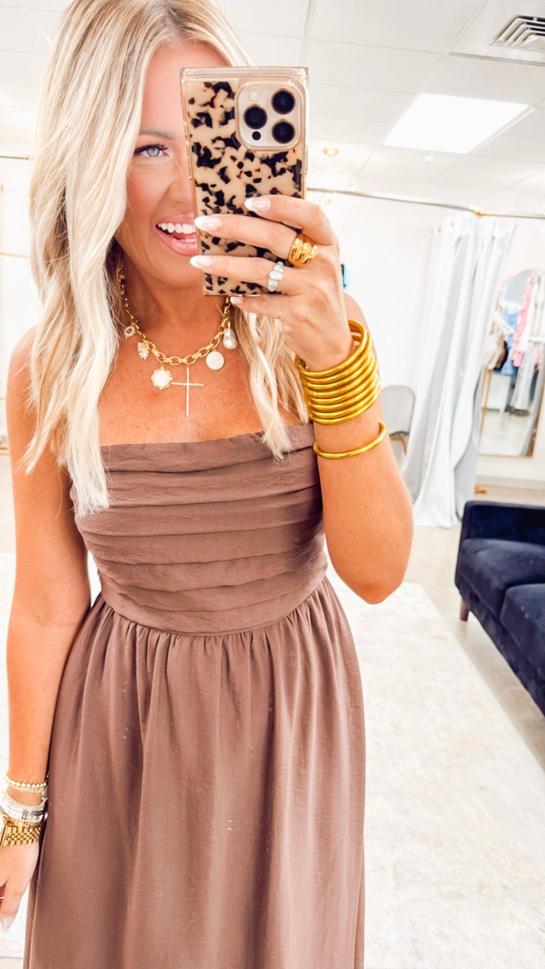 Pleated Bodice Strapless Midi Sundress- Brown