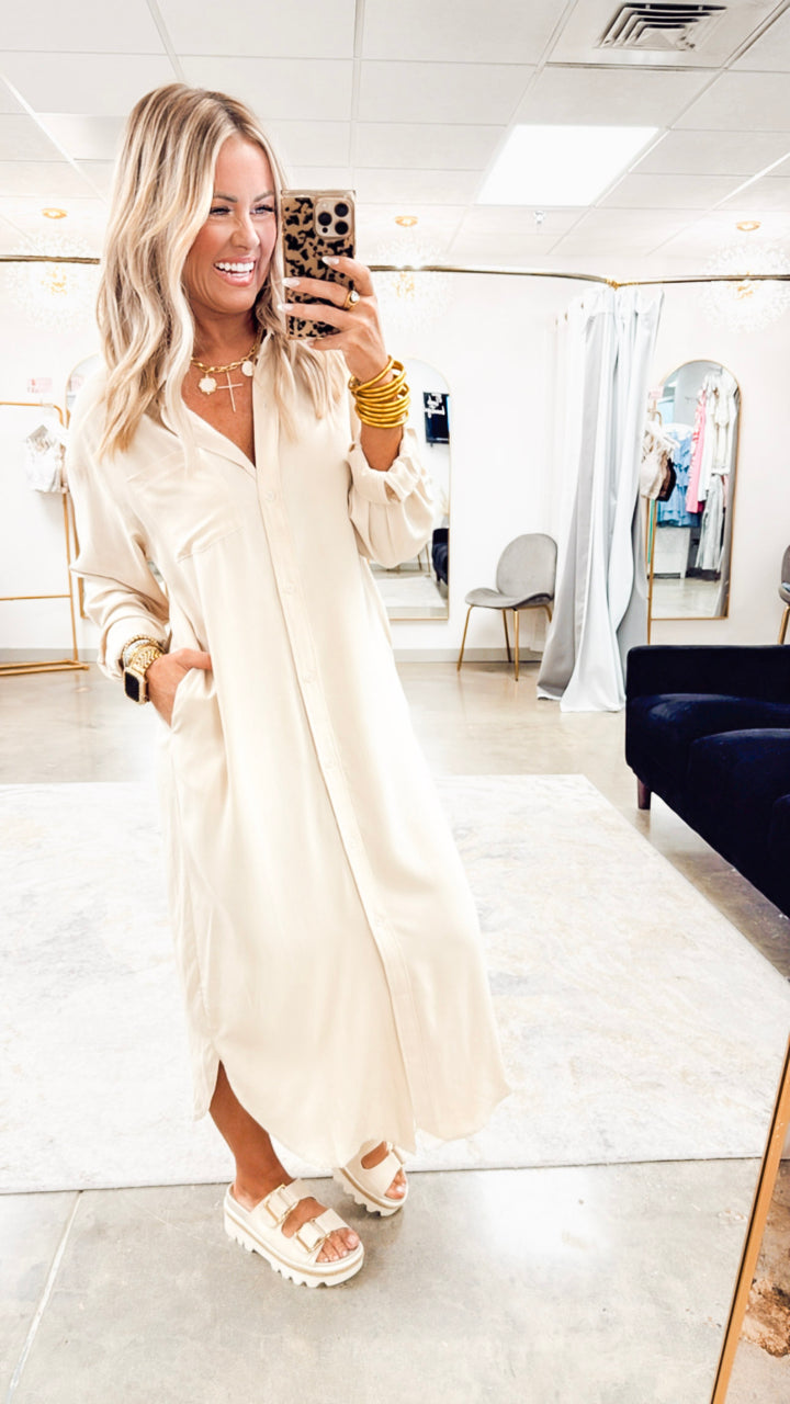 The Elle Oversized Midi Shirt Dress- Taupe