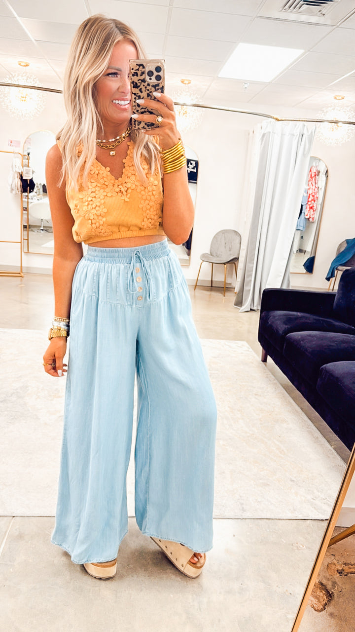 Coastal Escape Drawstring Pants-Indigo