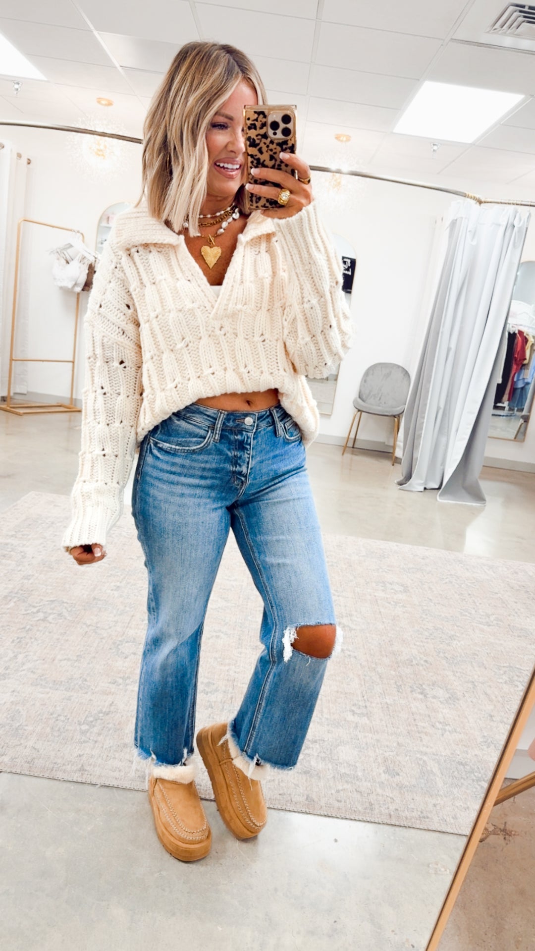 Cozy Collared Sweater Top-Cream