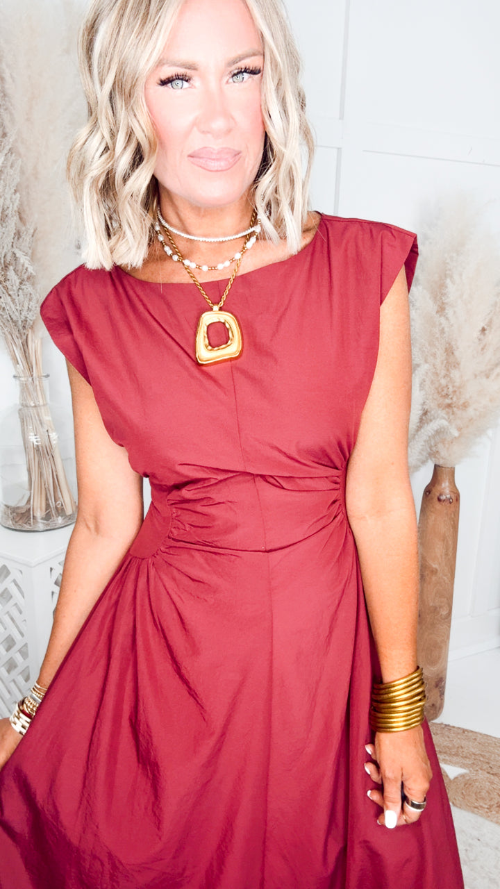 Marigold Ruched Midi Dress-Wine