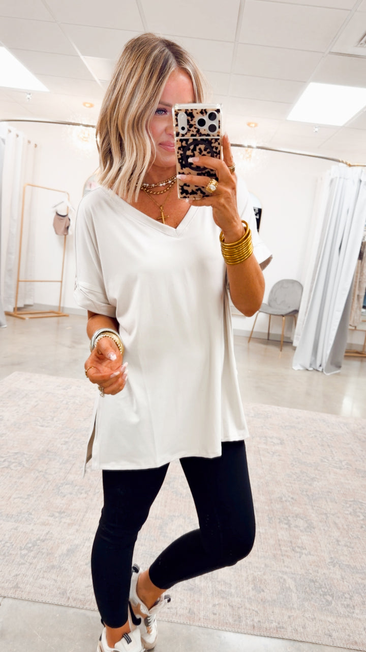 Rolled Short Sleeve V-Neck Top-Bone