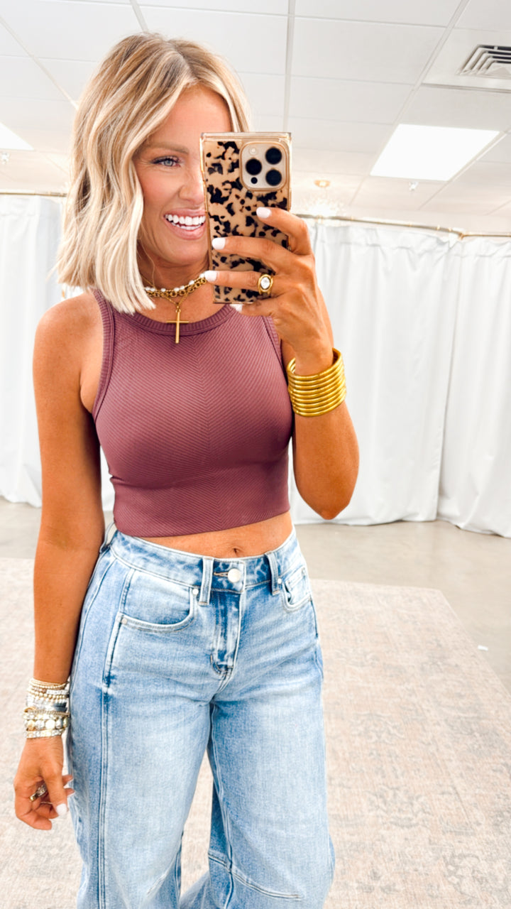 Basic Highneck Crop Top-Plum