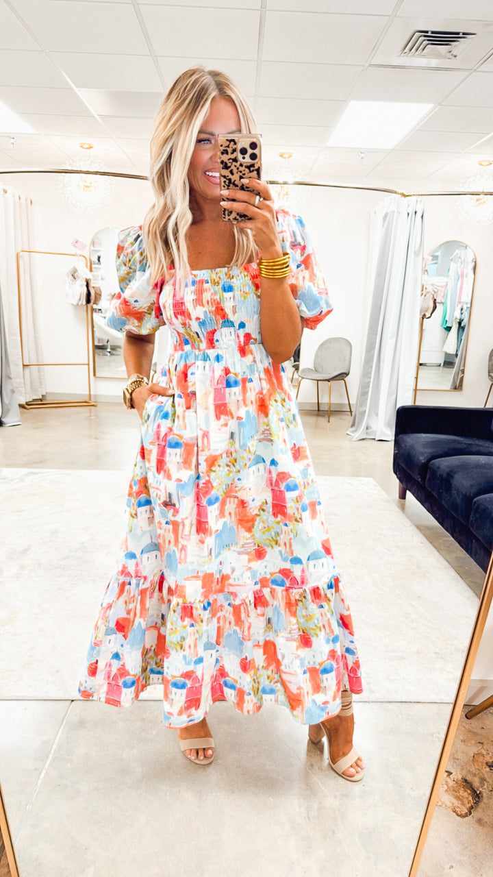Santorini Smocked Midi Dress-Pink