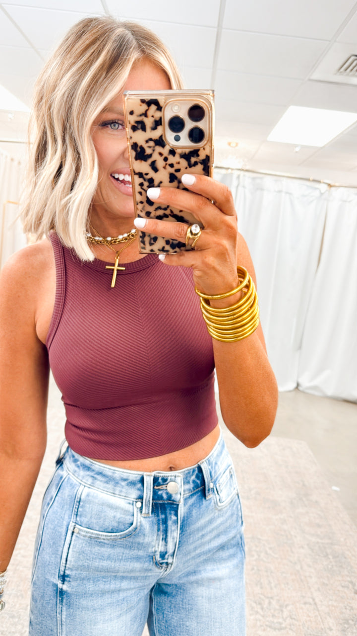 Basic Highneck Crop Top-Maroon