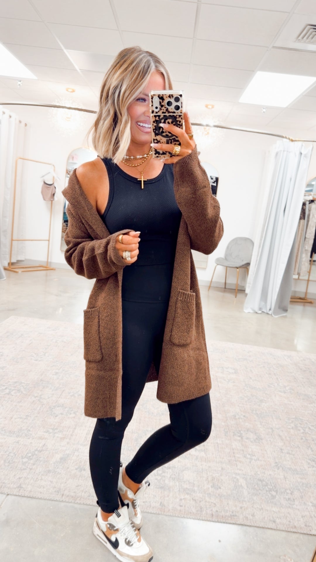 Hooded Open Front Sweater Cardigan-Brown