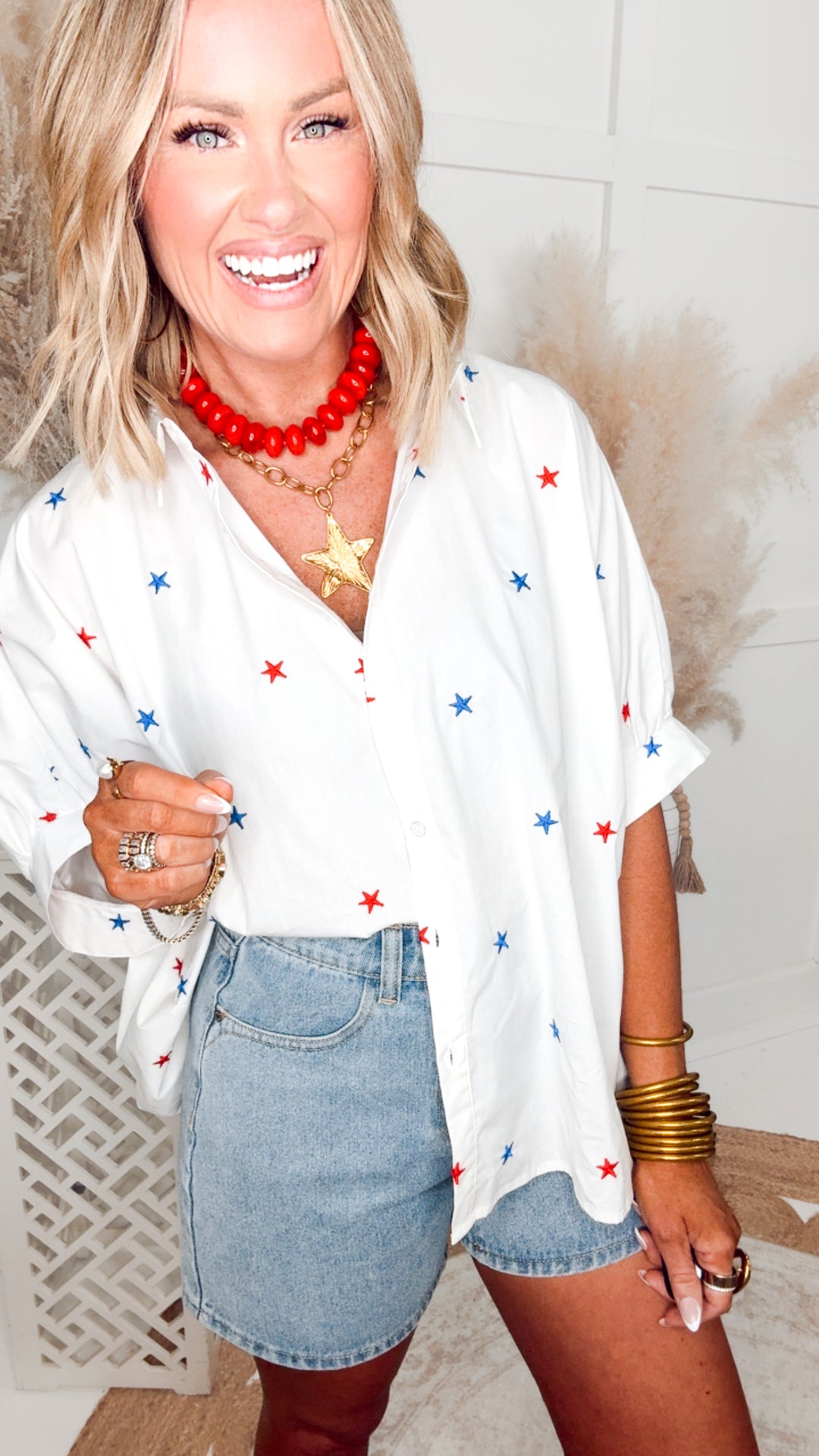 Embroidered Star Oversized Top-Red/White/Blue