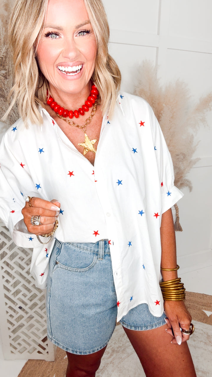 Embroidered Star Oversized Top-Red/White/Blue