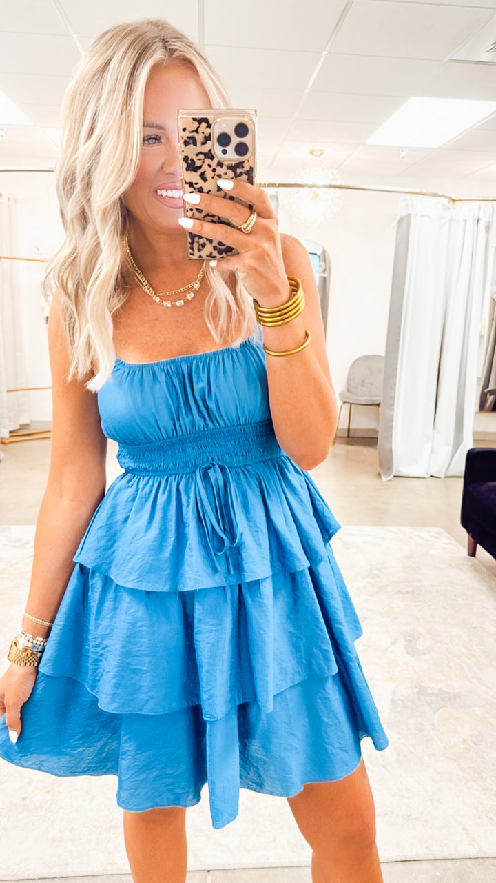Flutter Bloom Mini Dress-Dusty Blue