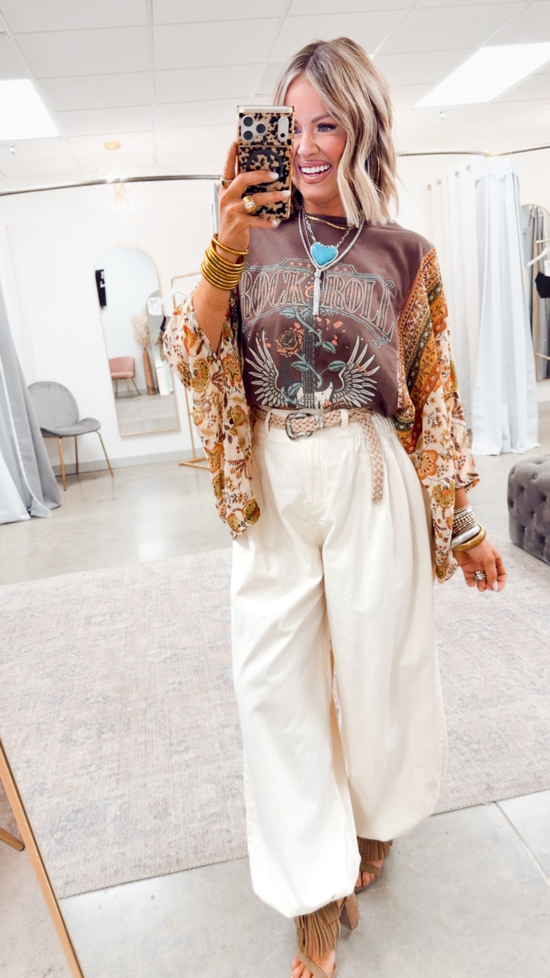 Rock N Roll Graphic Kantha Top-Brown