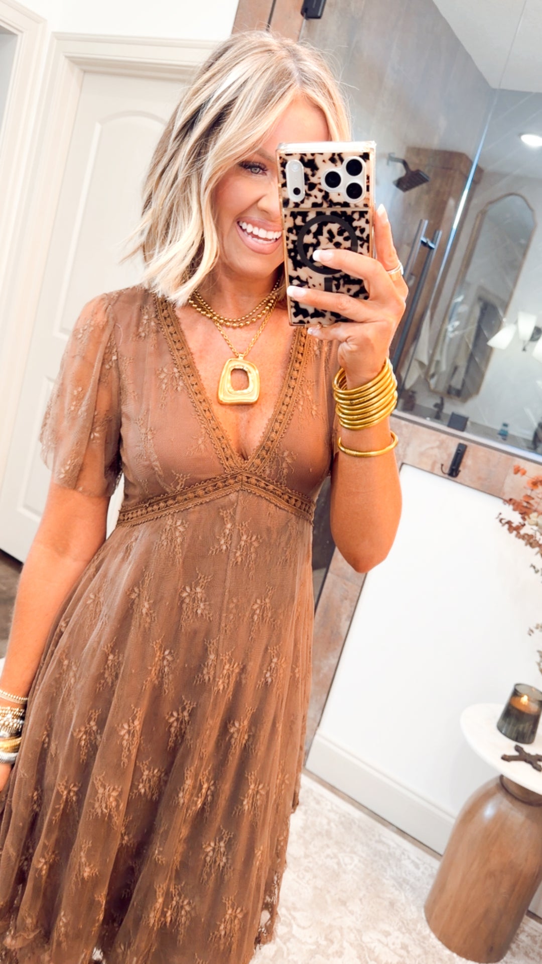 Embellished Lace Hem Dress-Brown