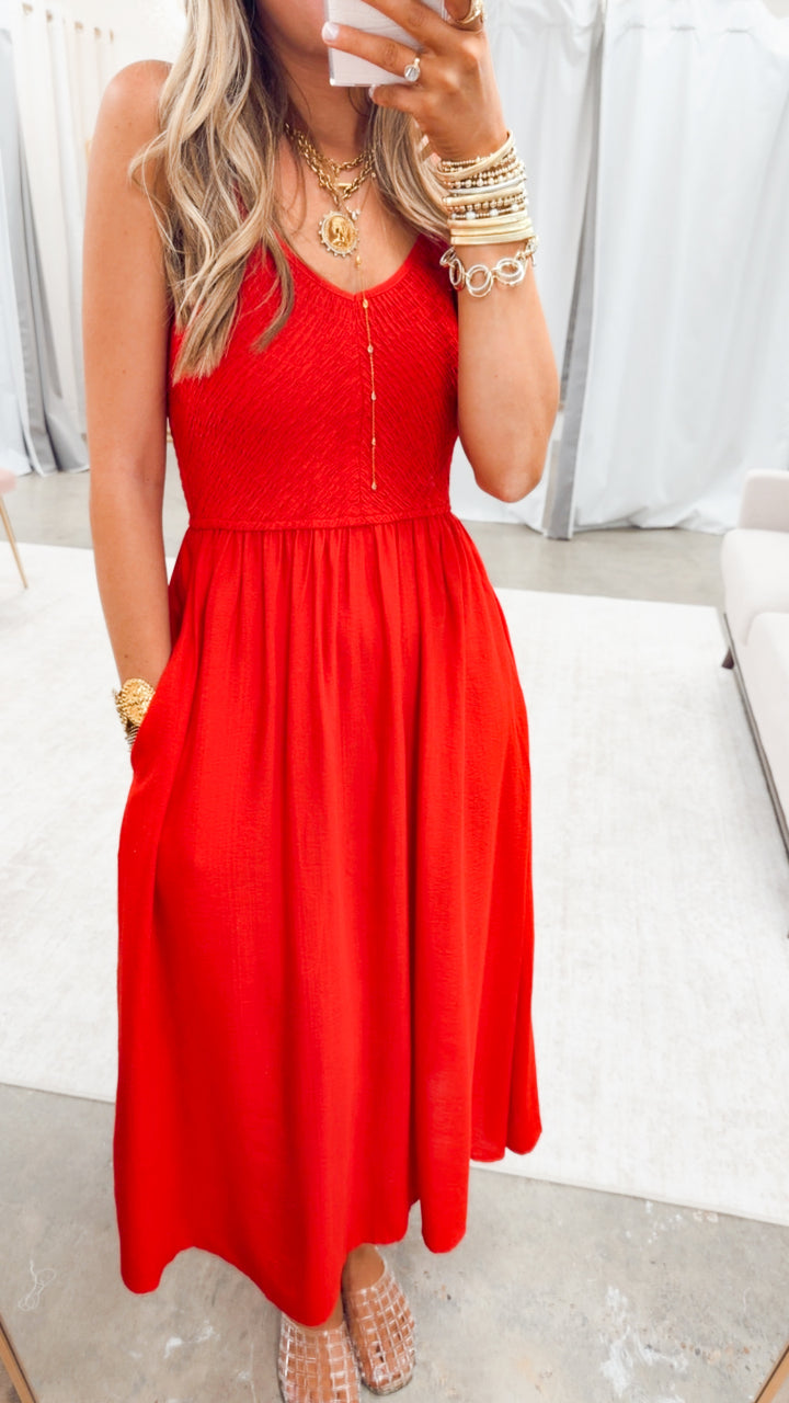 The Aruba Smocked Midi Dress-Red