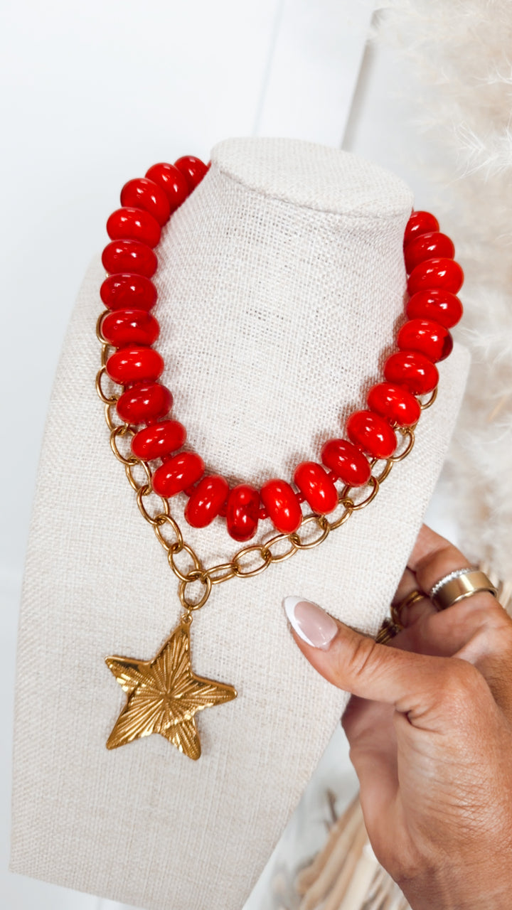 The Bailey Chunky Beaded Necklace-Red