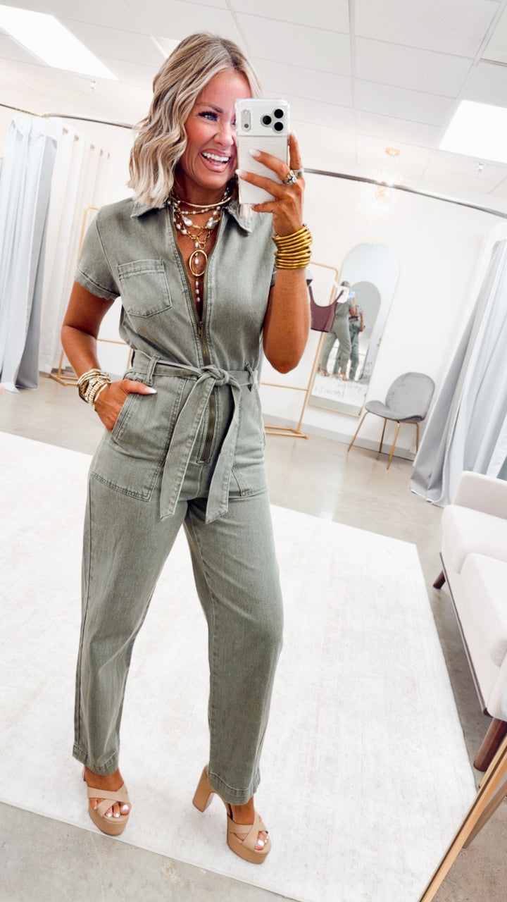 The Maverick Denim Jumpsuit-Olive