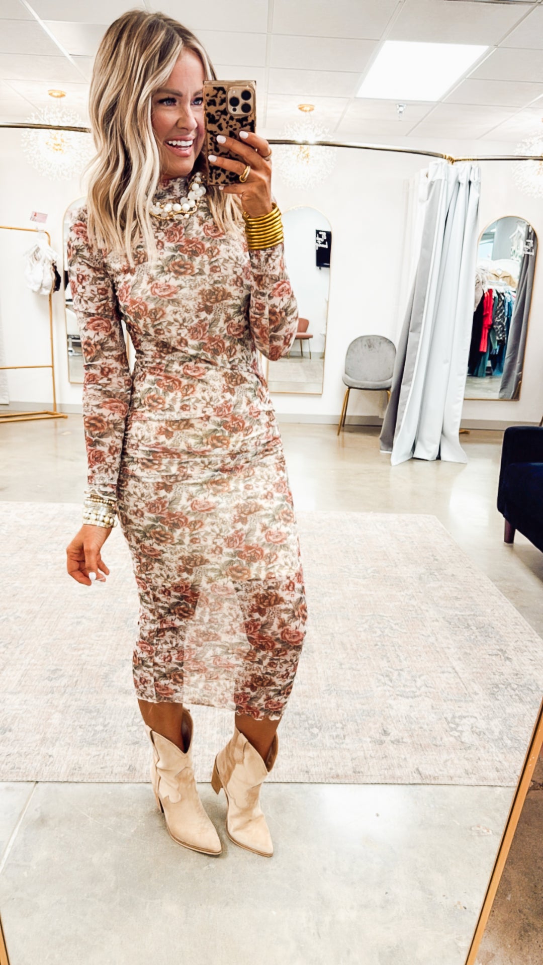 Autumn Floral Mesh Midi Dress