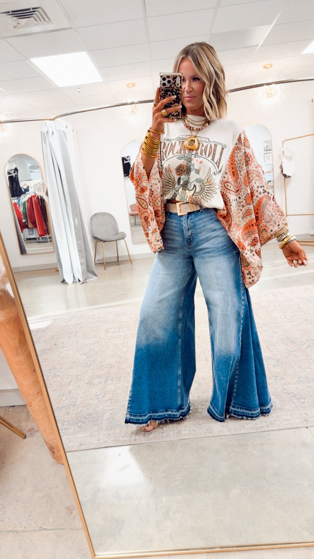 Rock N Roll Graphic Kantha Top-Bone