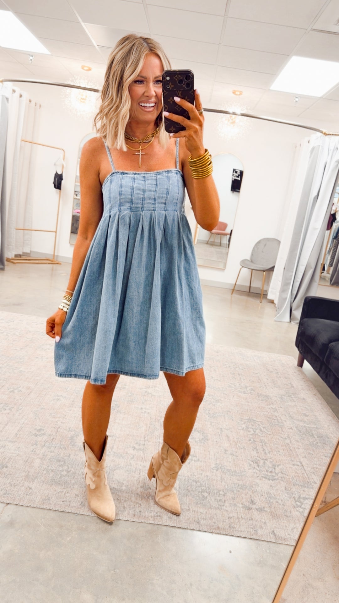 Teagan Pleated Mini Dress-Medium Denim