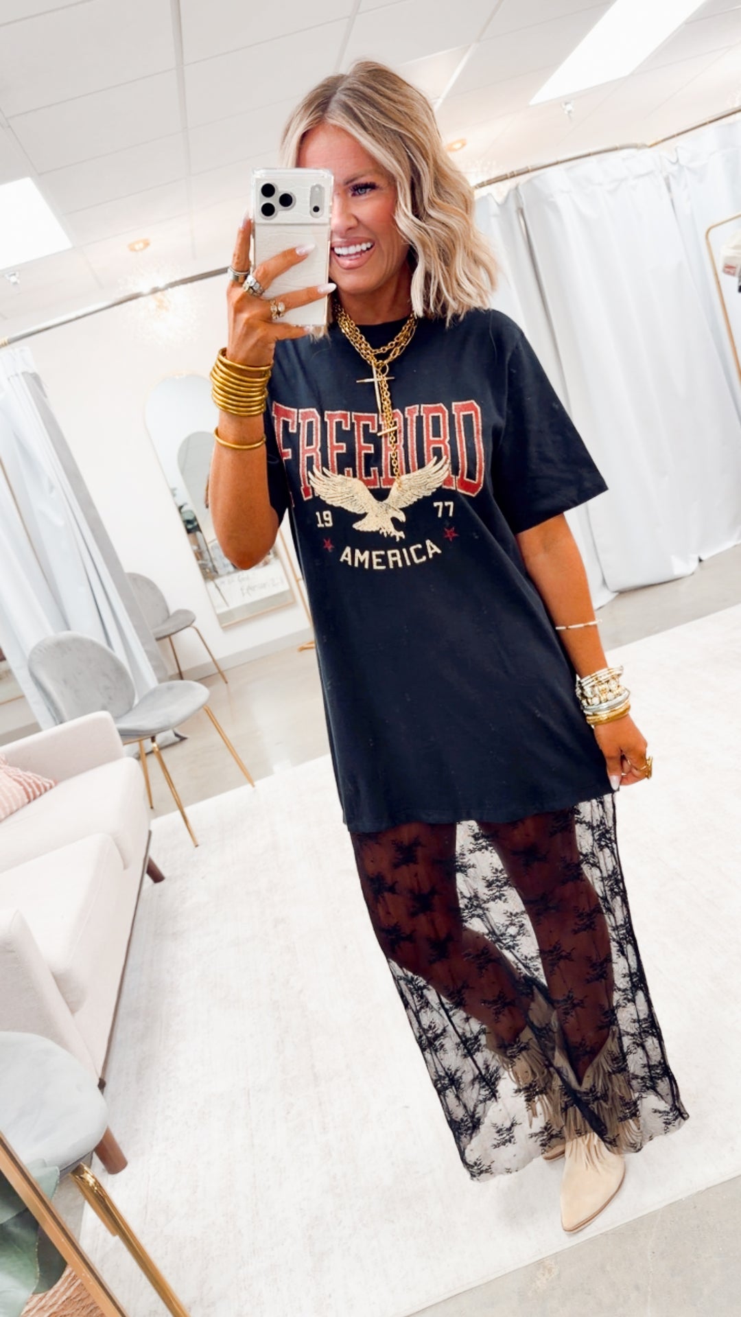 Free Bird 1977 Floral Lace T-Shirt Dress-Black