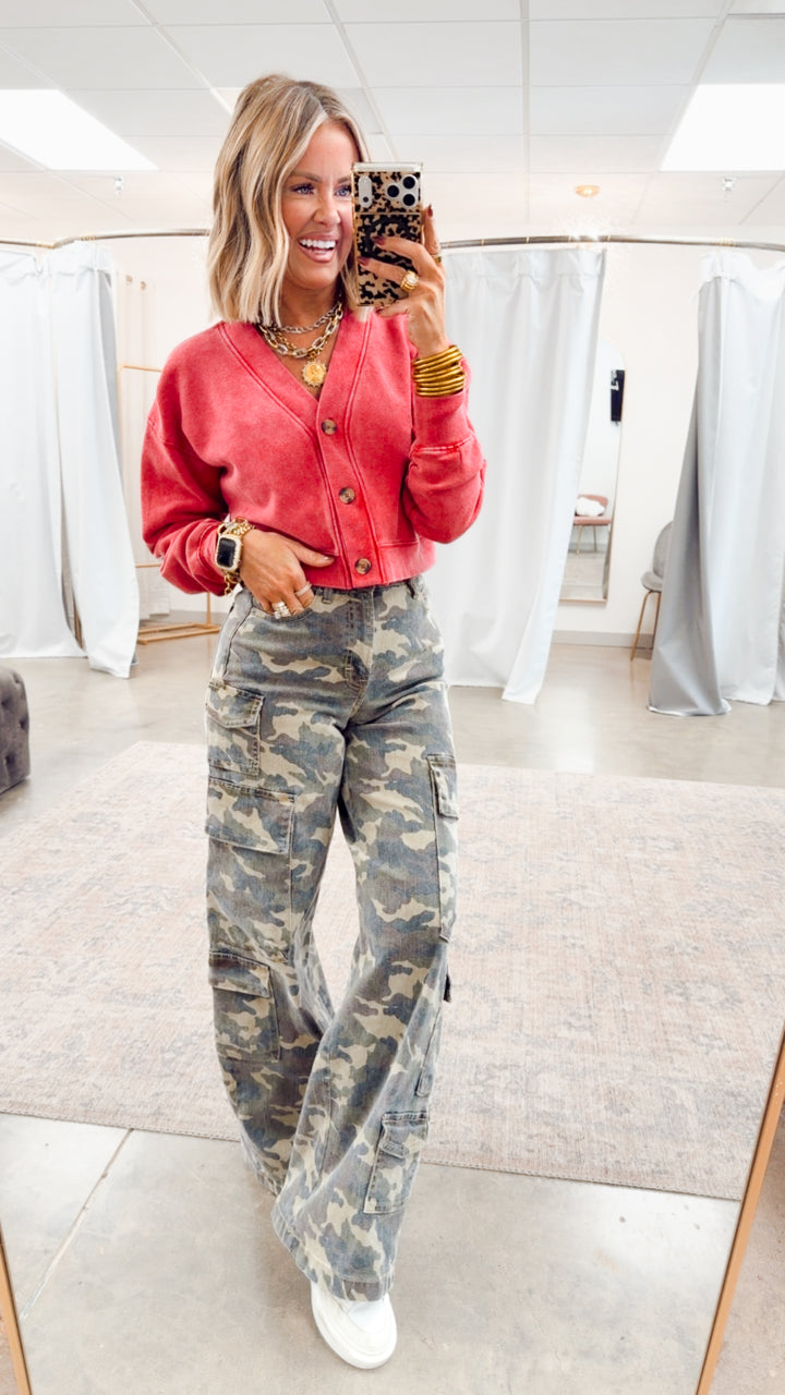 Camo Couture-High Rise Cargo Jeans