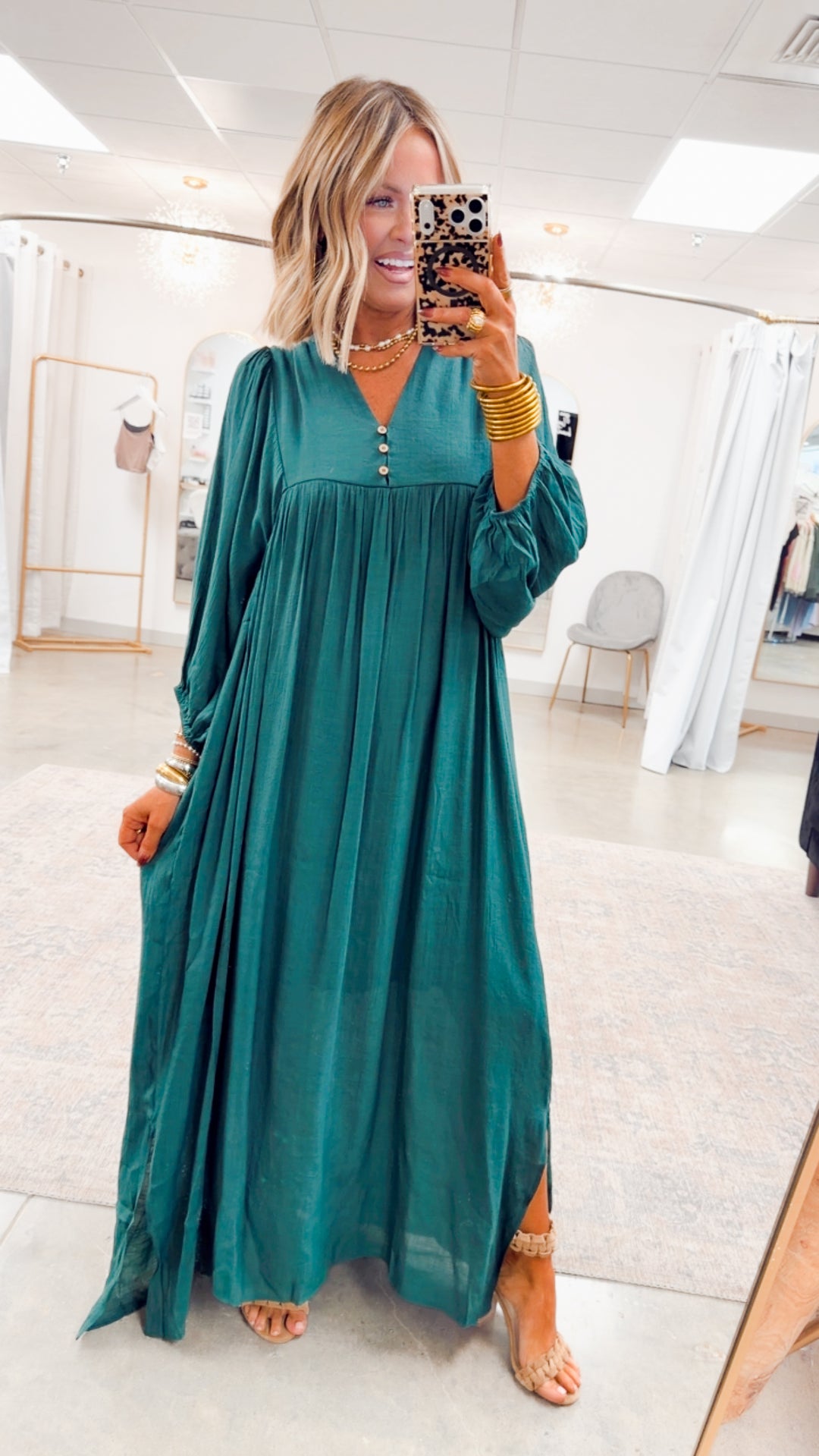 Bell Sleeve Midi Dress-Hunter Green