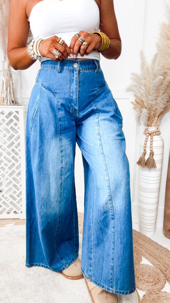 The Beckham Pleated Wide Leg Jean-Light Denim